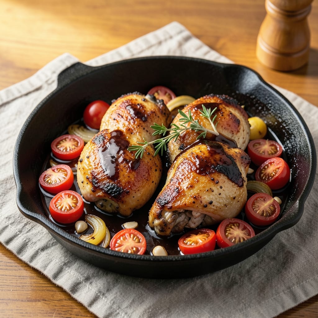 Balsamic Chicken Thighs With Burst Tomatoes Recipe: Sweet-Tart Sauce That Caramelizes to Richness