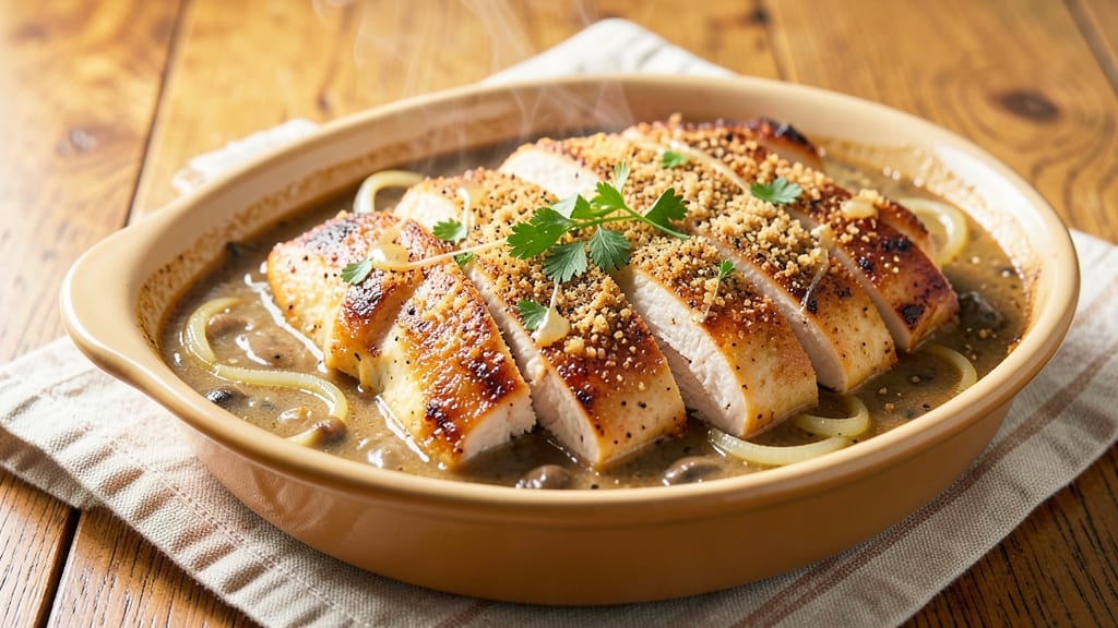Campbell's Creamy Chicken Bake Recipe: Crispy Onion Crown Over Mushroom Gravy Heaven