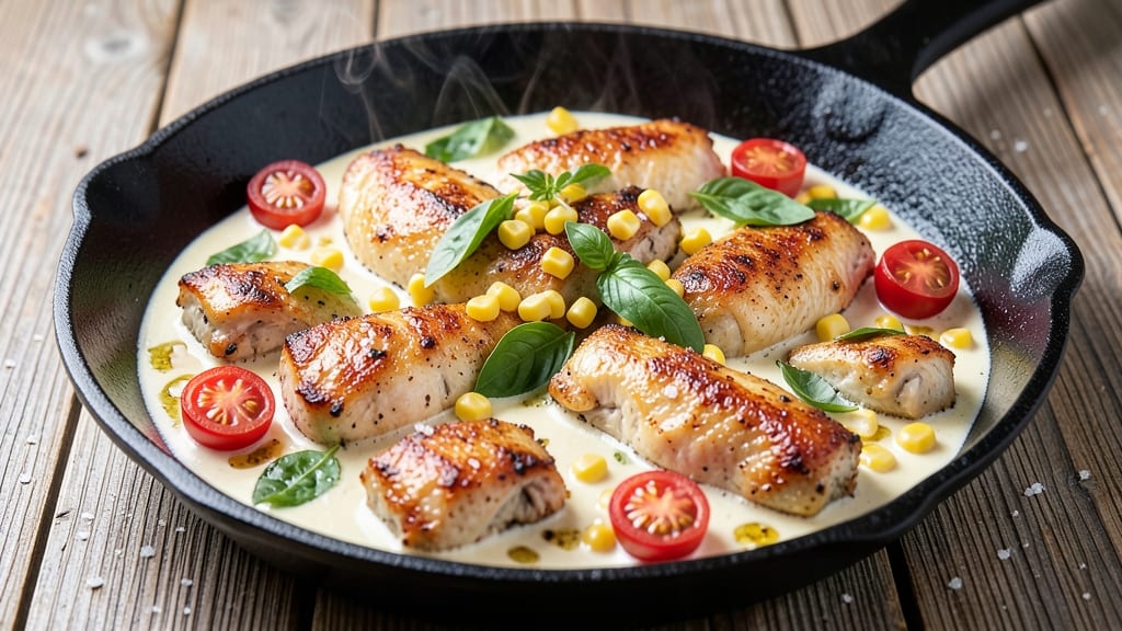 Creamy Basil Chicken Skillet With Corn and Tomato Recipe: Herby Bright One-Pan Dinner in 25 Minutes