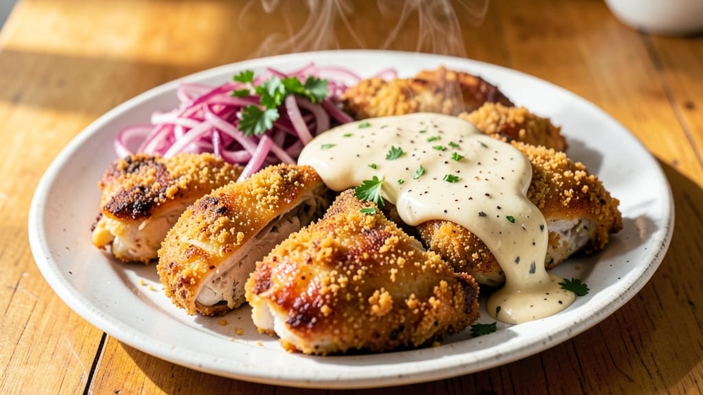 Pioneer Woman City Chicken Recipe: Crispy Onion Crown Over Creamy Mushroom Gravy Delight